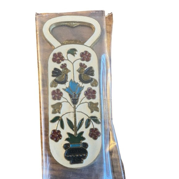 Vintage Cloisonné Enamel and Bronze Bottle Opener MCM Kitch Bar bird floral new - Picture 1 of 10